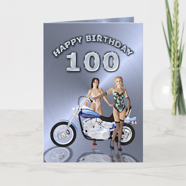 Carte anniversaire 100 avec des filles et une moto (Devant)