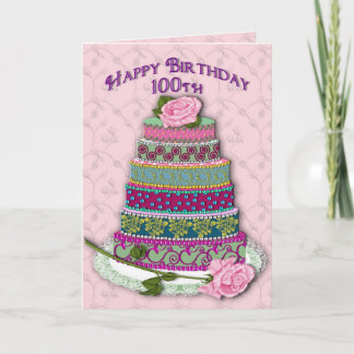 Carte ANNIVERSAIRE - 100th - ROSES SUR LE GÂTEAU DÉCORÉ