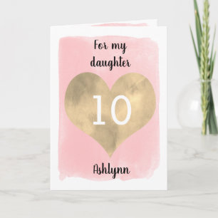Carte Anniversaire 10 ans Cœur Or et Aquarelle Rose