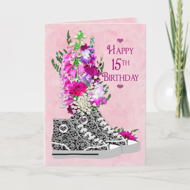Carte Anniversaire 15, Filles, Basket fantaisie noir/bla (Devant)