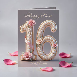 Carte Anniversaire 16 ans élégant perle rose or doux
