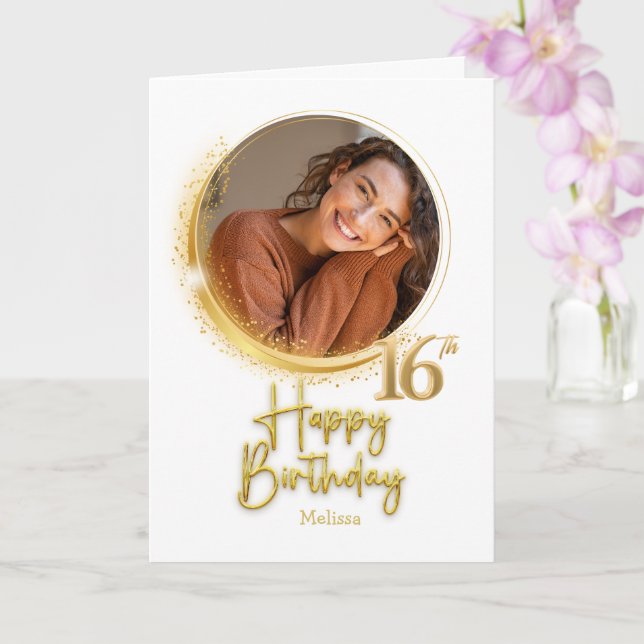 Carte Anniversaire 16 ans Photo Nom Blanc Moderne & Or (Orchidée)