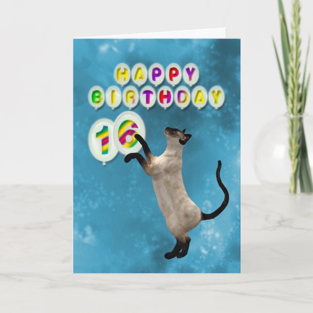 Carte anniversaire 16e avec chats siamois (Devant)