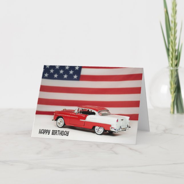 Carte Anniversaire 1955 Chevy Car et Drapeau (Devant)