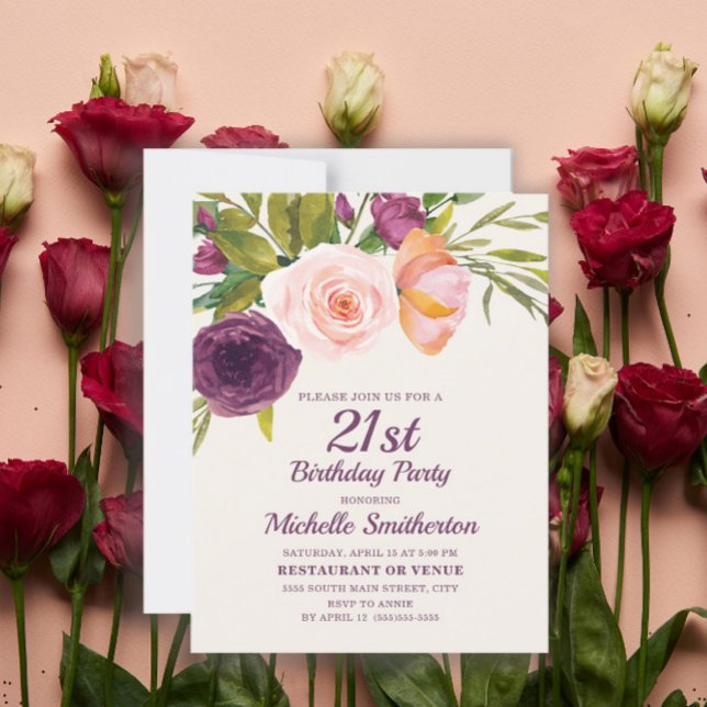 Carte Anniversaire 21 ans Fleurs Rose Pâle Pourpre Bourg (Créateur téléchargé)