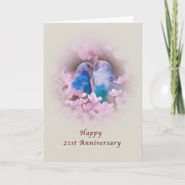 Carte Anniversaire, 21, Perruches Amoureuses, Fleurs Ros (Devant)