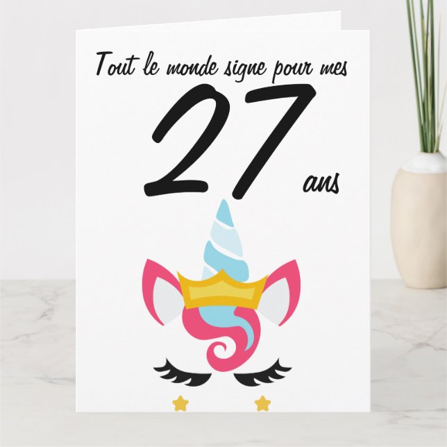 Carte anniversaire 27 ans grand format licorne xxl (Devant)