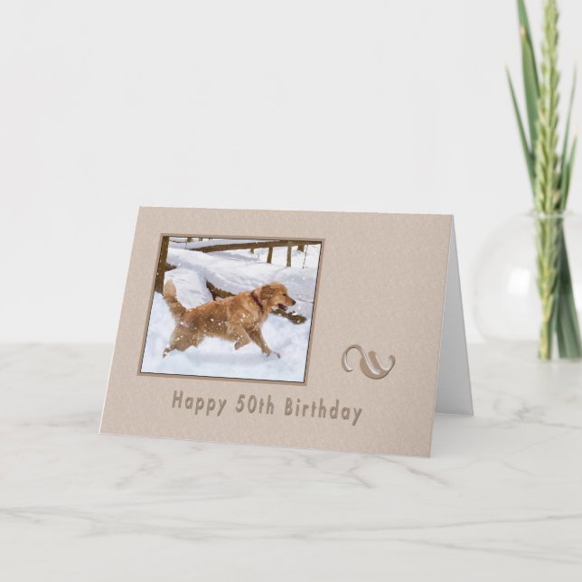 Carte Anniversaire, 50e, Golden Retriever Dog in Snow (Devant)