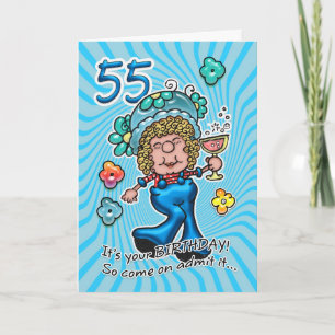 Carte Anniversaire 55ème - Fun Lady Avec Verre De