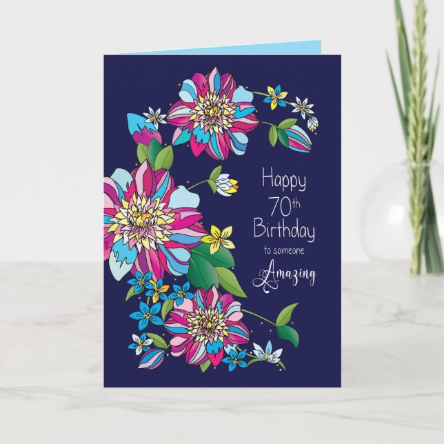 Carte Anniversaire, 70ème, Fleurs vives et colorées (Devant)