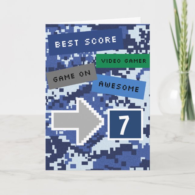 Carte Anniversaire 7 ans du joueur vidéo bleu (Devant)