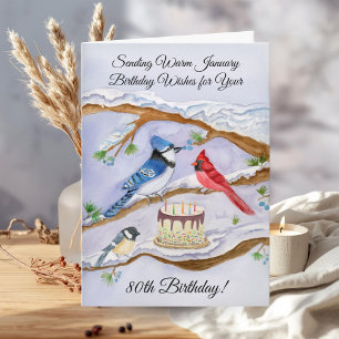 Carte Anniversaire 80 ans de janvier Oiseaux de jardin A