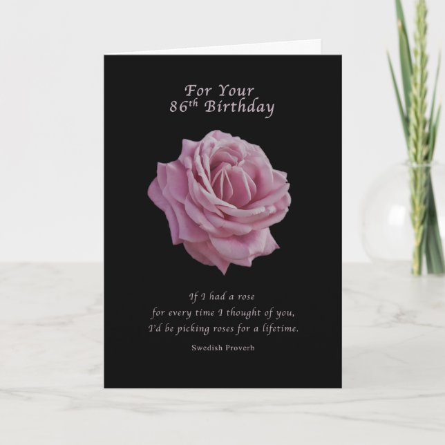 Carte Anniversaire, 86ème, Rose rose sur noir (Devant)