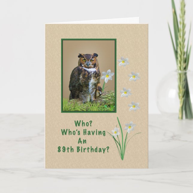 Carte Anniversaire, 89e, Grande Chouette à cornes et fle (Devant)