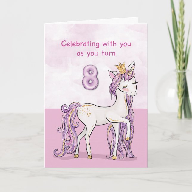 Carte Anniversaire 8 Ans Cheval Rose Avec Couronne (Devant)