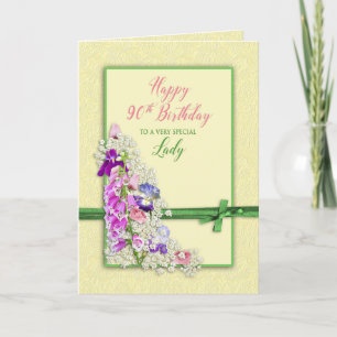 Carte ANNIVERSAIRE - 90ème - FLEURS DE JARDIN, BOW VERT