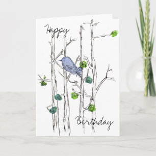 Carte Anniversaire à l'encre d'arbres d'oiseau bleu