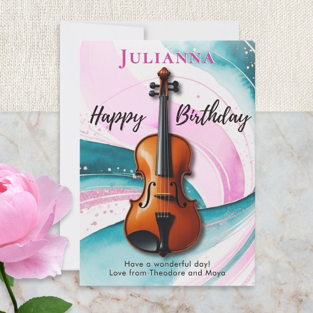 Carte Anniversaire À Thème Musique (A birthday card with picture of a violin on pink and turquoise swirls, with custom name and message)
