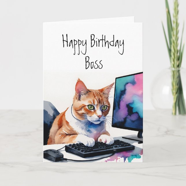 Carte Anniversaire à tous groupe, Cat Boss Computer Cake (Devant)