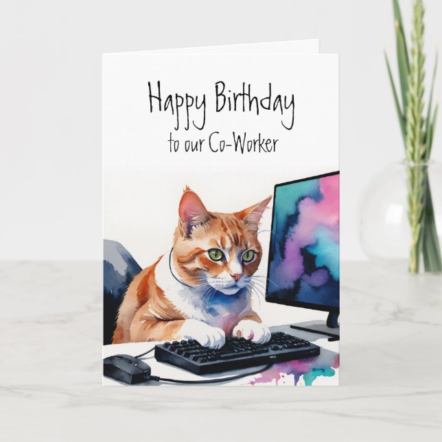 Carte Anniversaire à tous groupe, Cat Co-Worker Cake Fun (Devant)