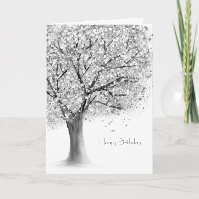 Carte anniversaire abstrait de l'arbre blanc noir (Devant)