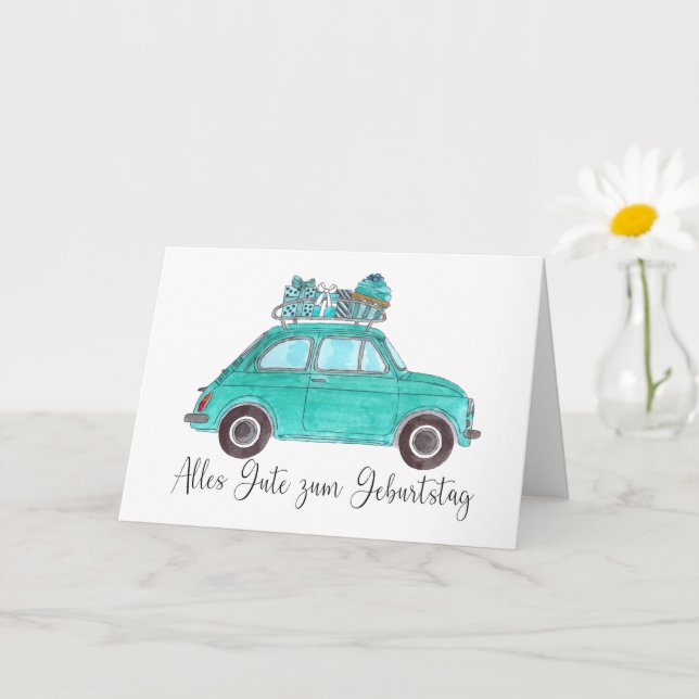 Carte Anniversaire allemand Retro Fiat 500 (Petite plante)