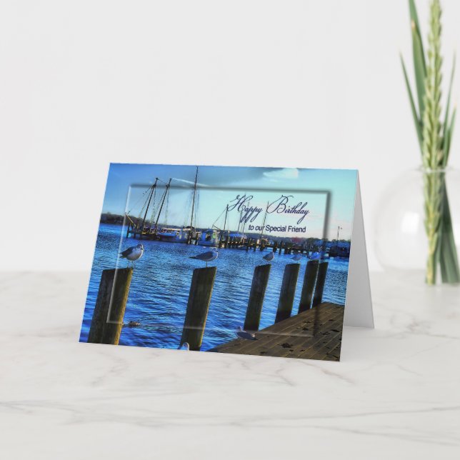 CARTE ANNIVERSAIRE - AMI - MARINA/SEAGULLS/EAU (Devant)