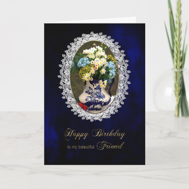 Carte ANNIVERSAIRE - AMI, Vase Bleu Antique Flow, Fleurs (Devant)