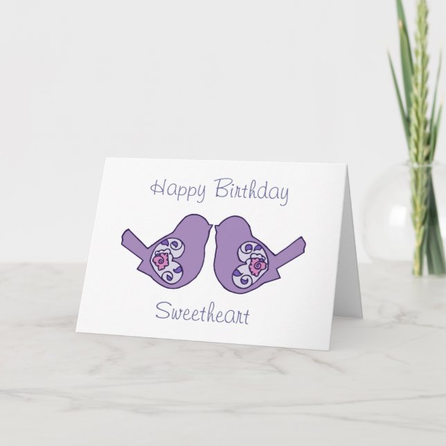 Carte Anniversaire Amoureux Inséparables violet romantiq (Devant)