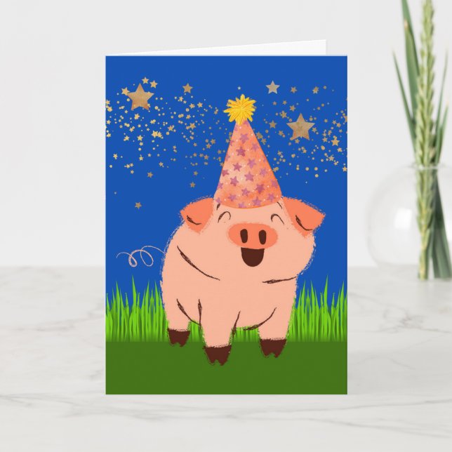 Carte Anniversaire amusant avec cochon en Casquette d'an (Devant)
