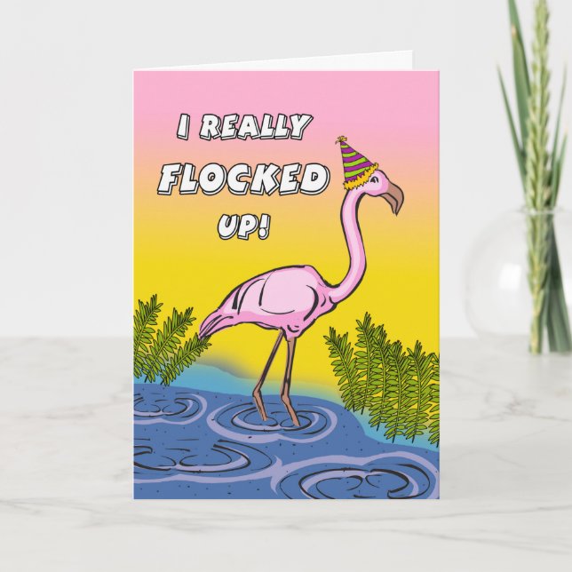 Carte Anniversaire amusant avec Flamant rose encombré (Devant)