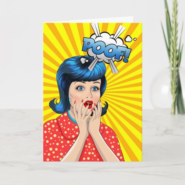 Carte Anniversaire amusant avec Pop Art Woman et POOF (Devant)