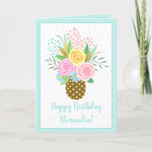 Carte Anniversaire ananas Rose Bouquet rose Turquoise