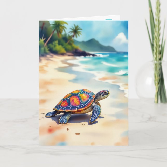 Carte Anniversaire Aquarelle Tortue de mer sur une plage (Devant)