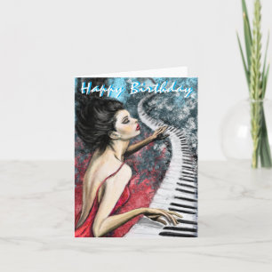 Carte Anniversaire avec Piano Lady en Robe Rouge