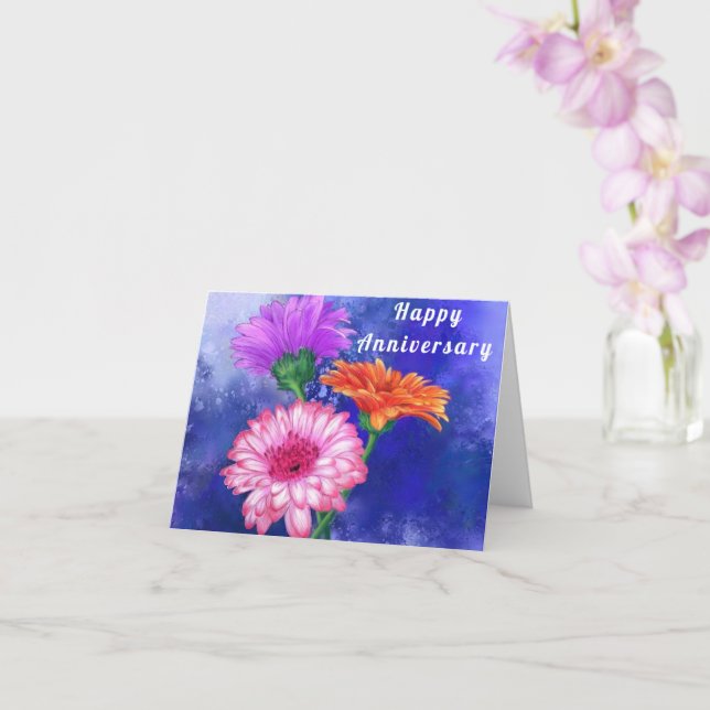 Carte Anniversaire avec trois Gerberas couleur (Orchidée)