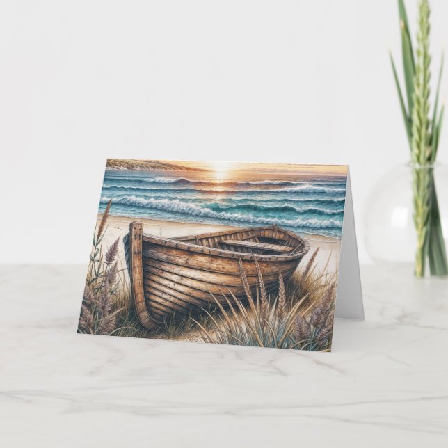 Carte Anniversaire Bateau en bois sur une plage (Devant)