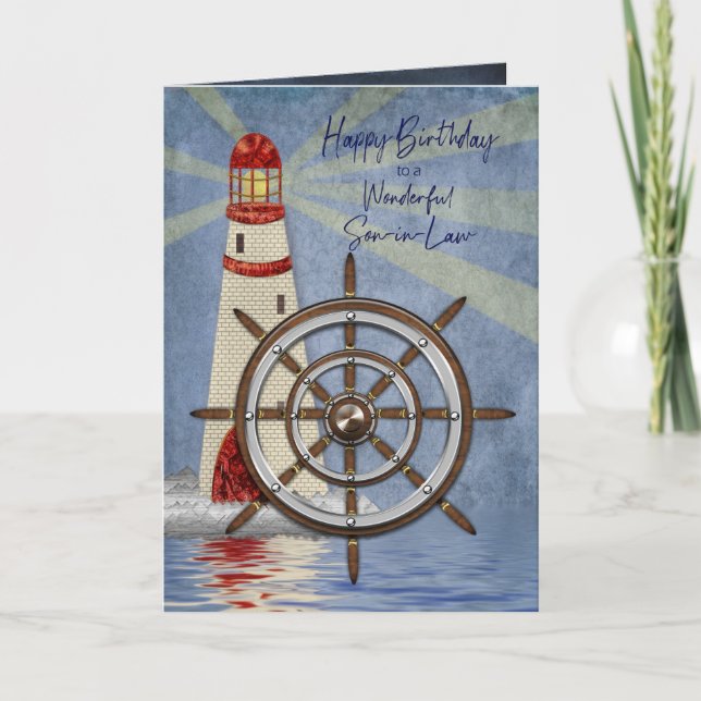 Carte Anniversaire, beau-fils, la roue du bateau, barre (Devant)