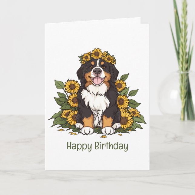Carte Anniversaire Bernese Mountain Dog Sunflower Crown (Devant)