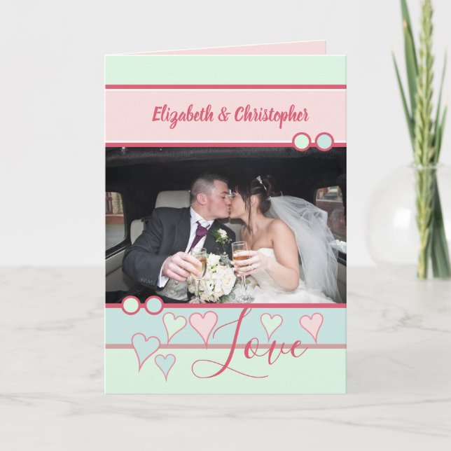 Carte Anniversaire bleu menthe rose avec photo (Devant)