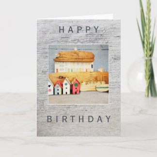 Carte Anniversaire, Bord de mer, Bois dur, Maisons en pa