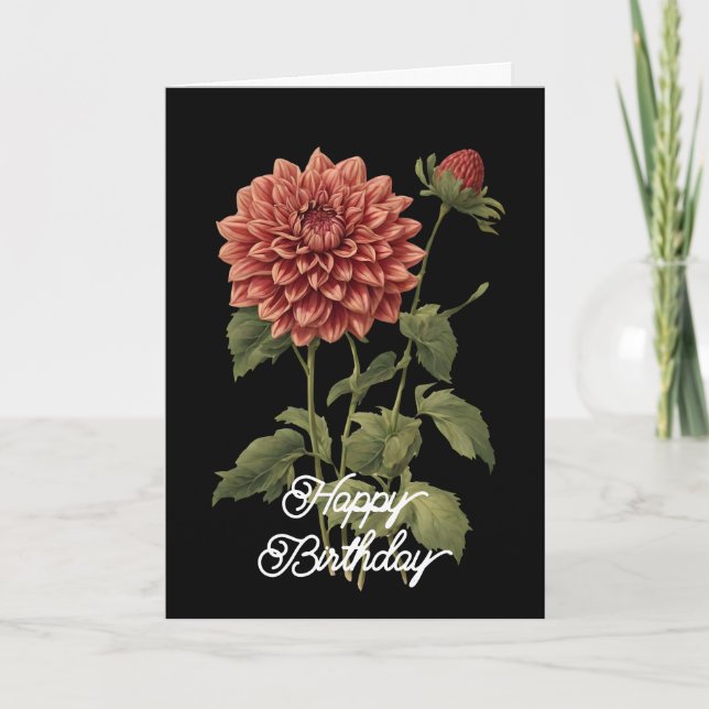 Carte Anniversaire botanique Vintage de Dahlia (Devant)