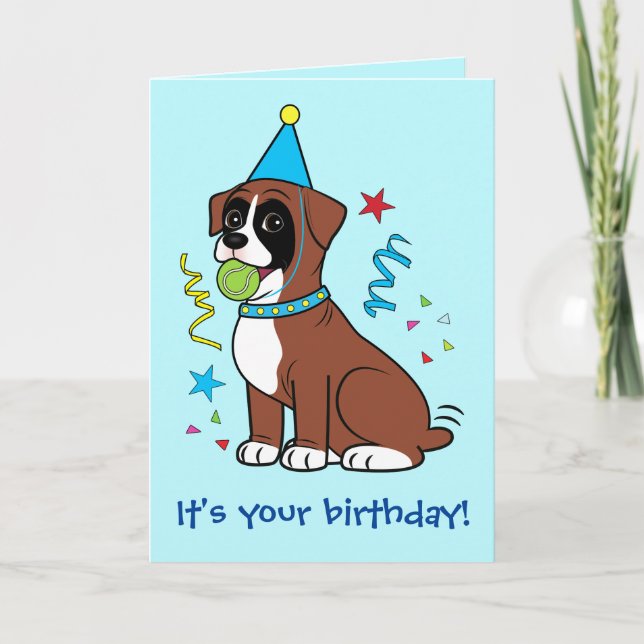 Carte Anniversaire Boxer Puppy avec Tennisball (Devant)