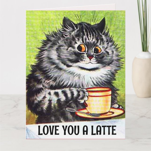 CARTE ANNIVERSAIRE CAFÉ CHAT AMOUR GRANDE ART CART (Devant)
