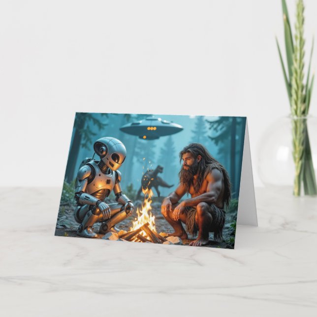 Carte Anniversaire Caveman et Robot Alien par un feu de  (Devant)