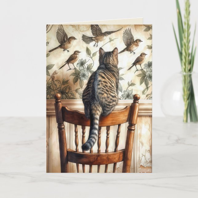 Carte Anniversaire Chat Observation Oiseaux Sur Papier P (Devant)