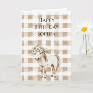 Carte Anniversaire Cheval Fleurs Rayures Carreaux Blanc 