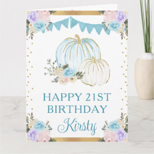 Carte Anniversaire Citrouilles Florales Bleu et Blanc Aq