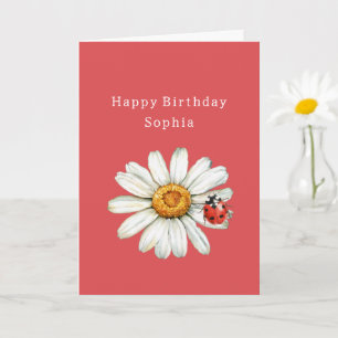 Carte Anniversaire coccinelle fleur de marguerite rouge 