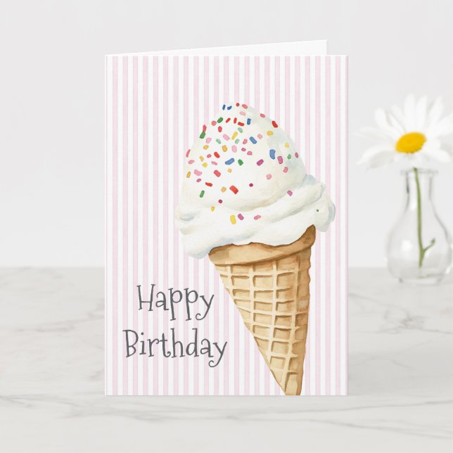 Carte Anniversaire Cône de Glace Confettis Rayures Roses (Petite plante)